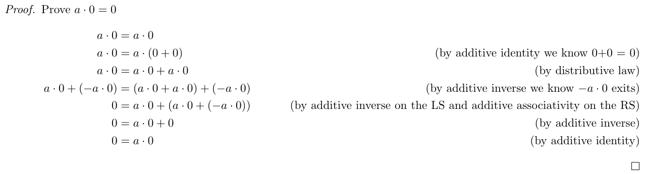 My attempt to show 1*0 = 0 but it could be wrong