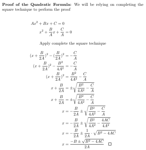 An example of the quadratic formula derivation