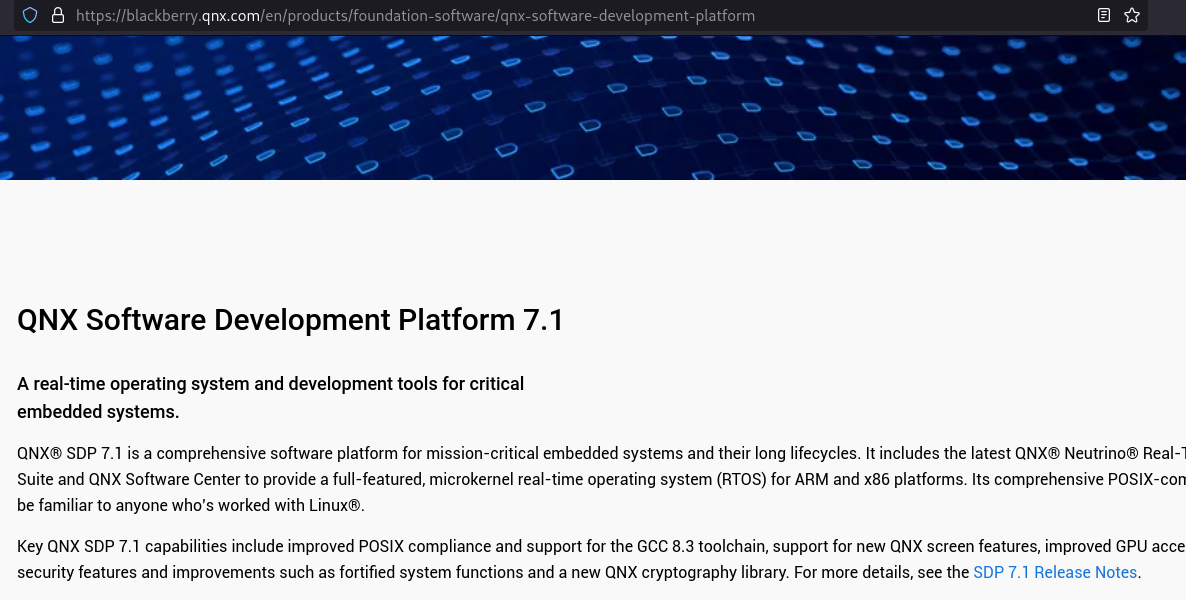 A snippet of QNX's webpage on the SDP they provide which has the link to the release notes